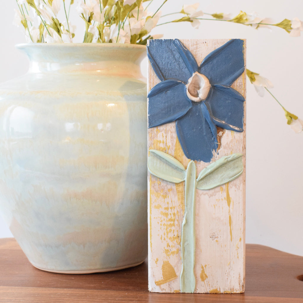 Wooden Block 4x9- Navy Flower - TheMississippiGiftCompany.com