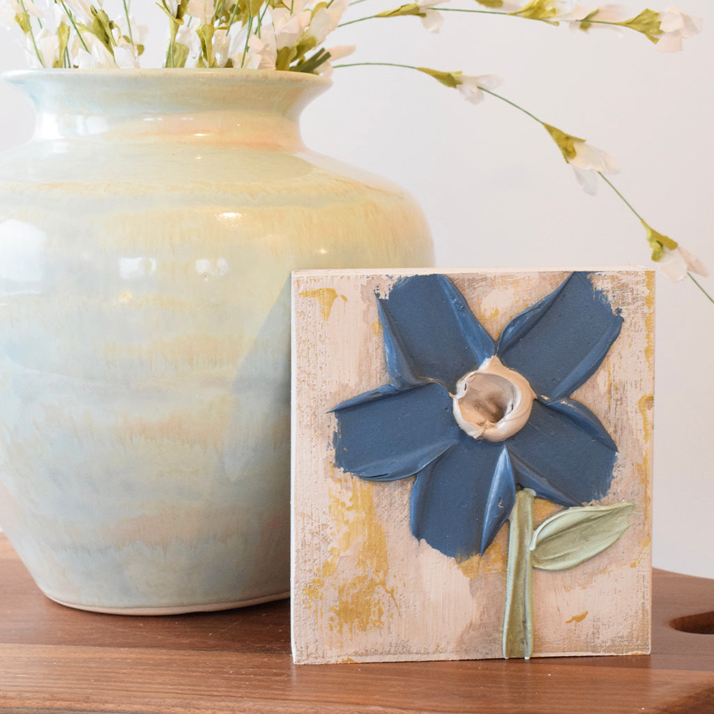 Art By Susan Block 6x6- Navy Flower - TheMississippiGiftCompany.com