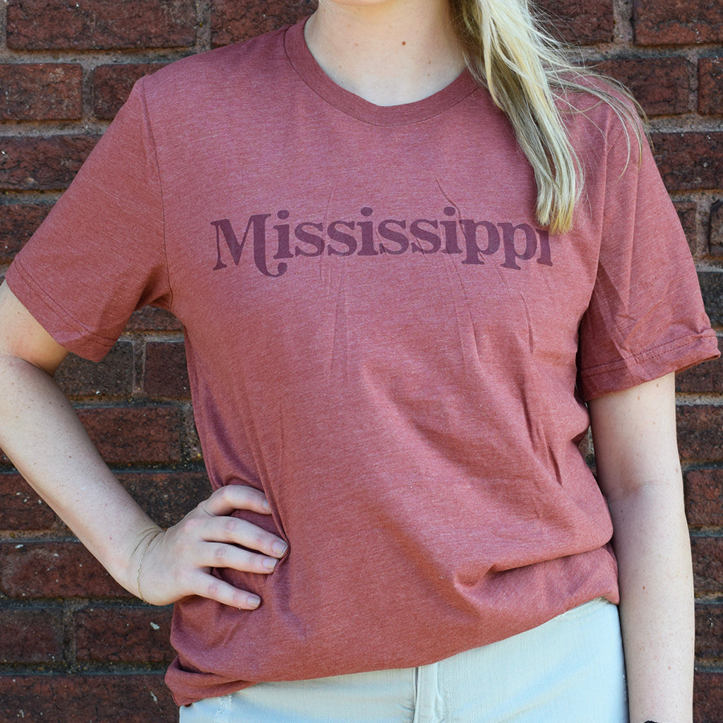 maroon tee shirt that says Mississippi on front