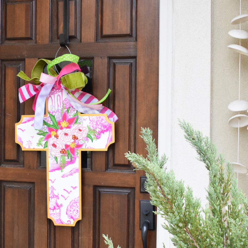 Pink Chinoiserie Cross Door Hanger - TheMississippiGiftCompany.com