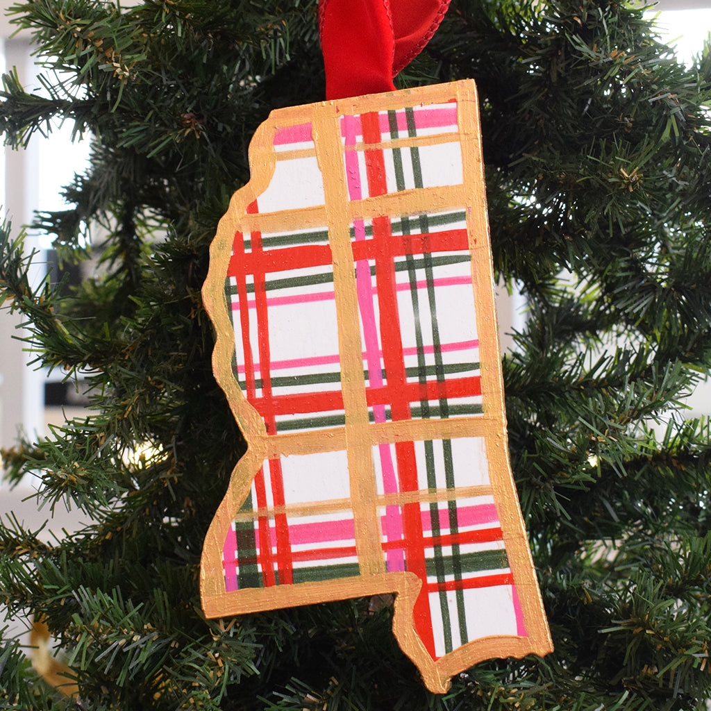 Wooden Mississippi Ornament- Red and Pink Plaid - TheMississippiGiftCompany.com