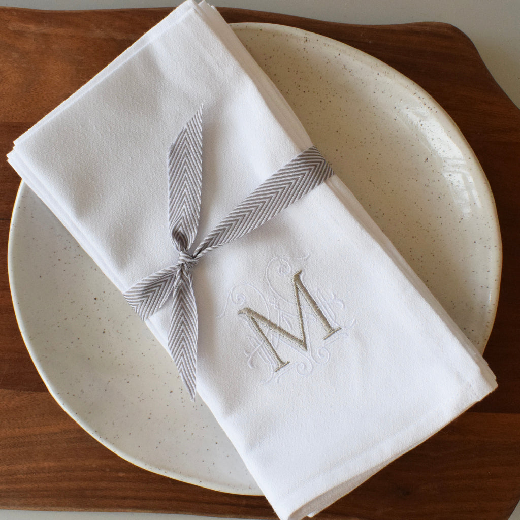 Oyster and White Initial Dinner Napkins Set of 4 - TheMississippiGiftCompany.com