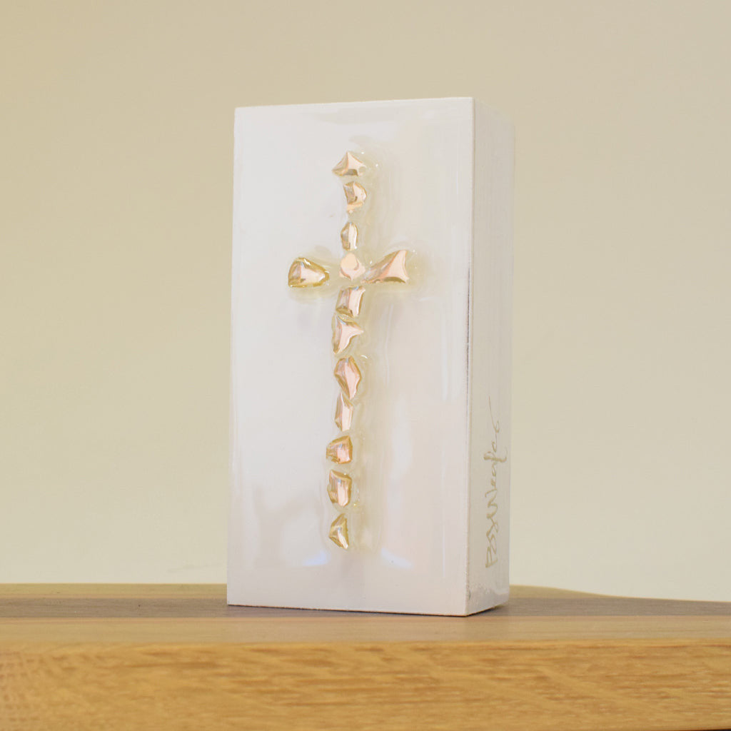 BJ Weeks Mini Glass Cross on Wood-Gold - TheMississippiGiftCompany.com