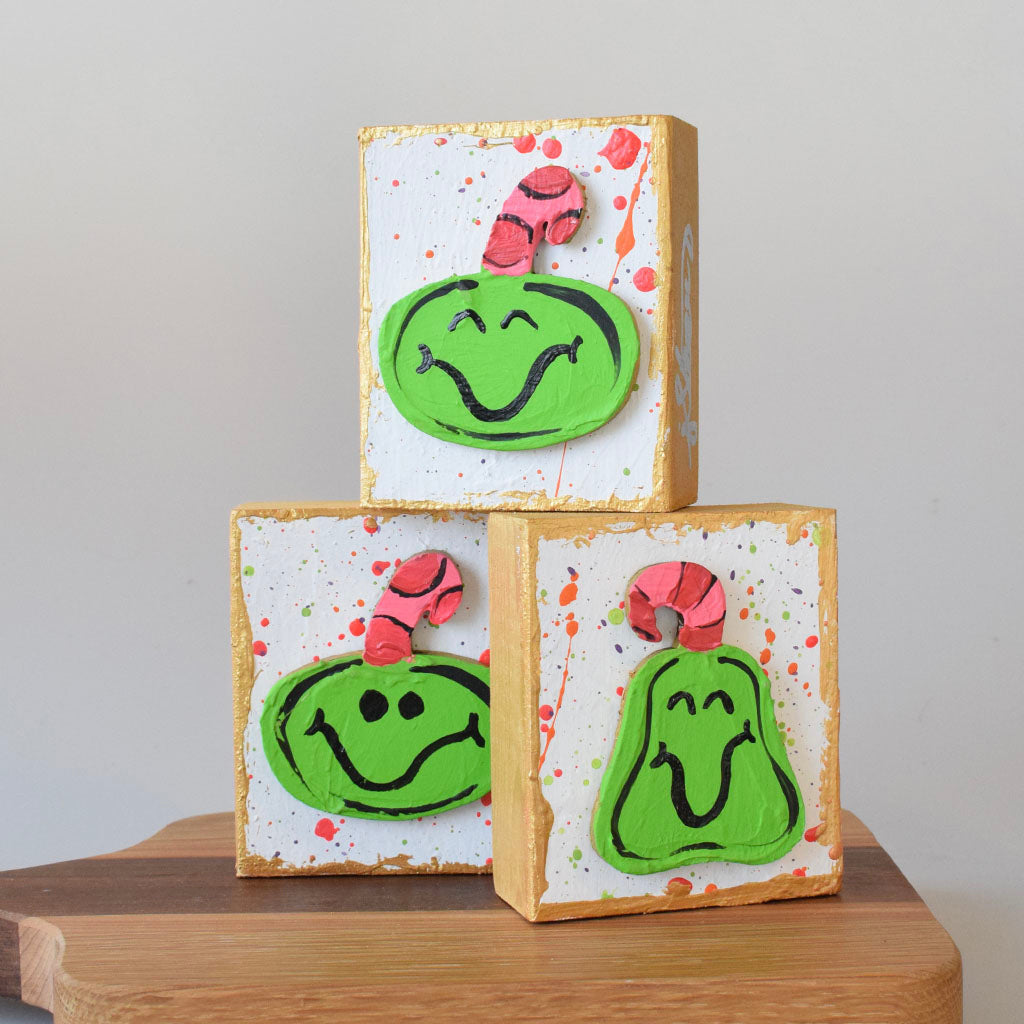 Funky Jack O'Lantern 4x4 Wooden Block-Lime - TheMississippiGiftCompany.com