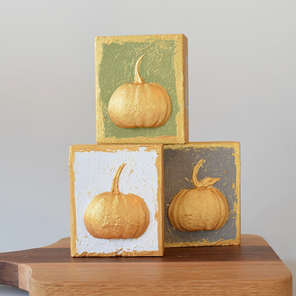 Gold Pumpkin 4x4 Wooden Block-White - TheMississippiGiftCompany.com