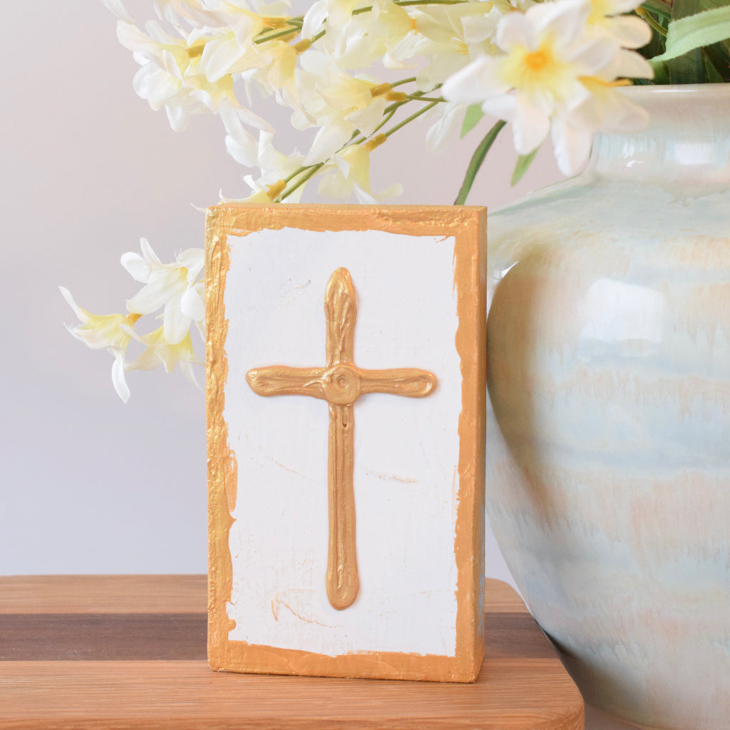 4x6 Wood Block Cross-White and Gold - TheMississippiGiftCompany.com