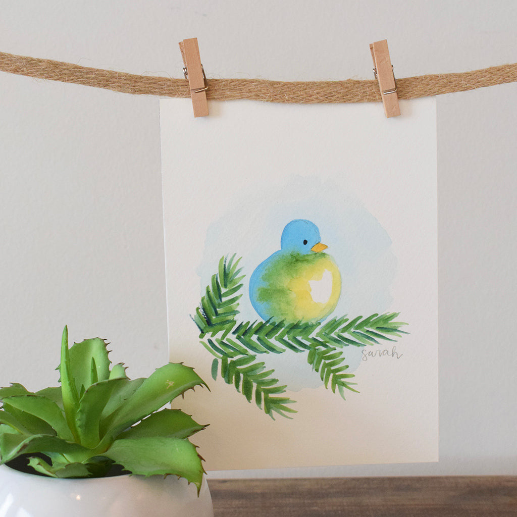 Sarah McCullen Original Watercolor Print- Teal/Yellow Bird - TheMississippiGiftCompany.com