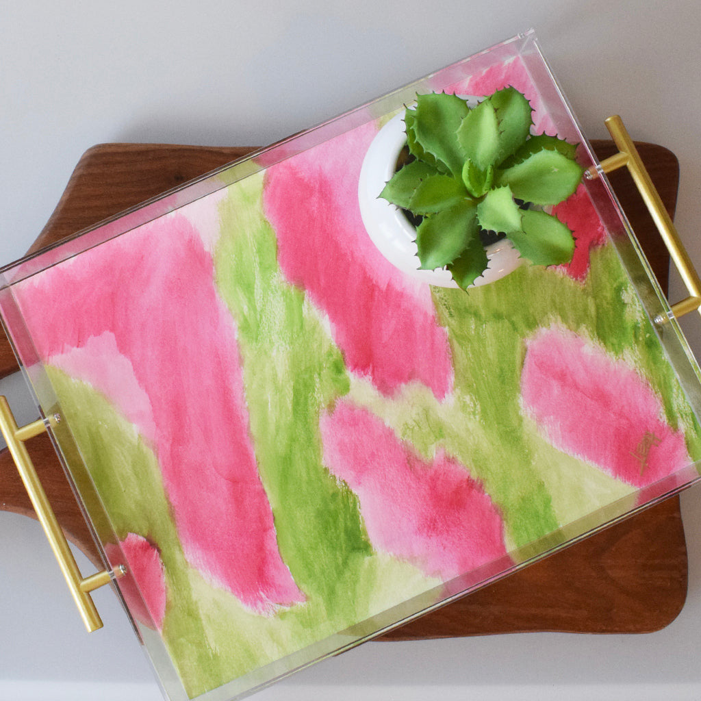 Large Acrylic Tray- Pink and Green Watercolor - TheMississippiGiftCompany.com