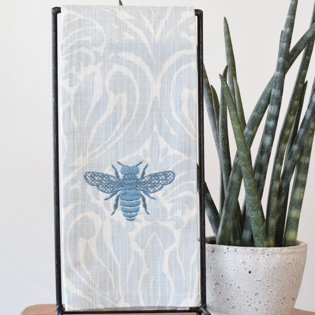 Blue Damask Bee Hand Towel - TheMississippiGiftCompany.com