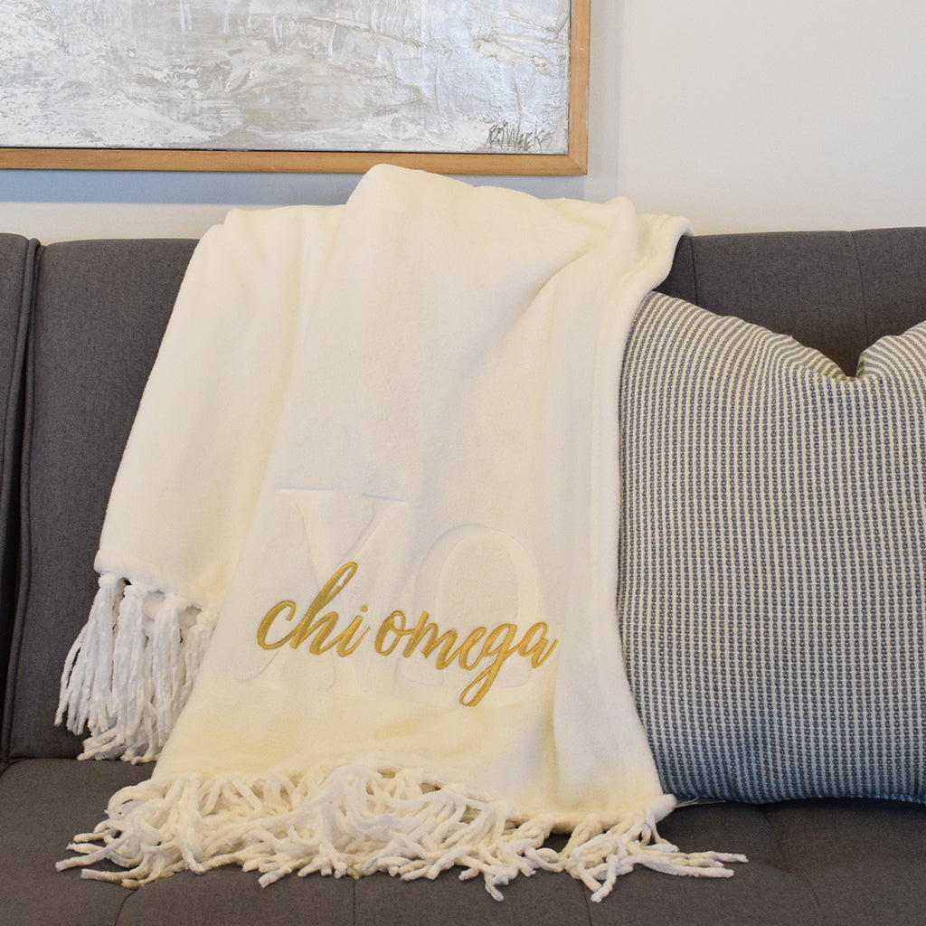 Chi Omega White Throw - TheMississippiGiftCompany.com