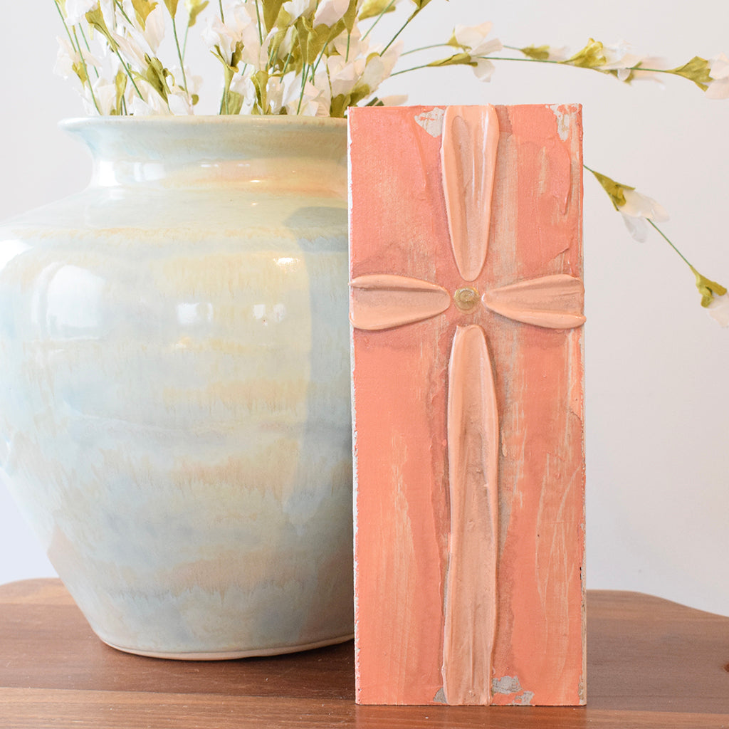Wooden Block 4x9- Coral Cross - TheMississippiGiftCompany.com