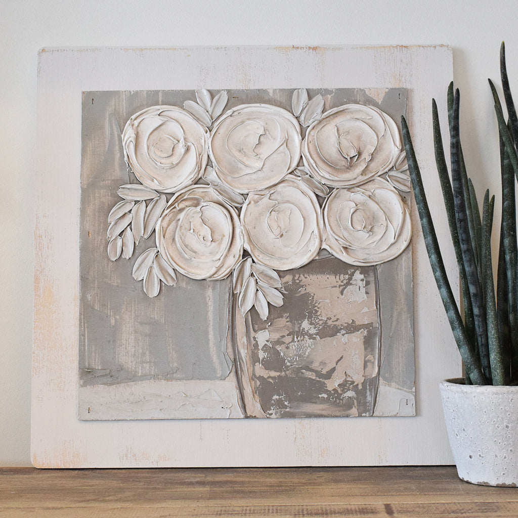 Square Neutral Flowers In Vase Panel - TheMississippiGiftCompany.com