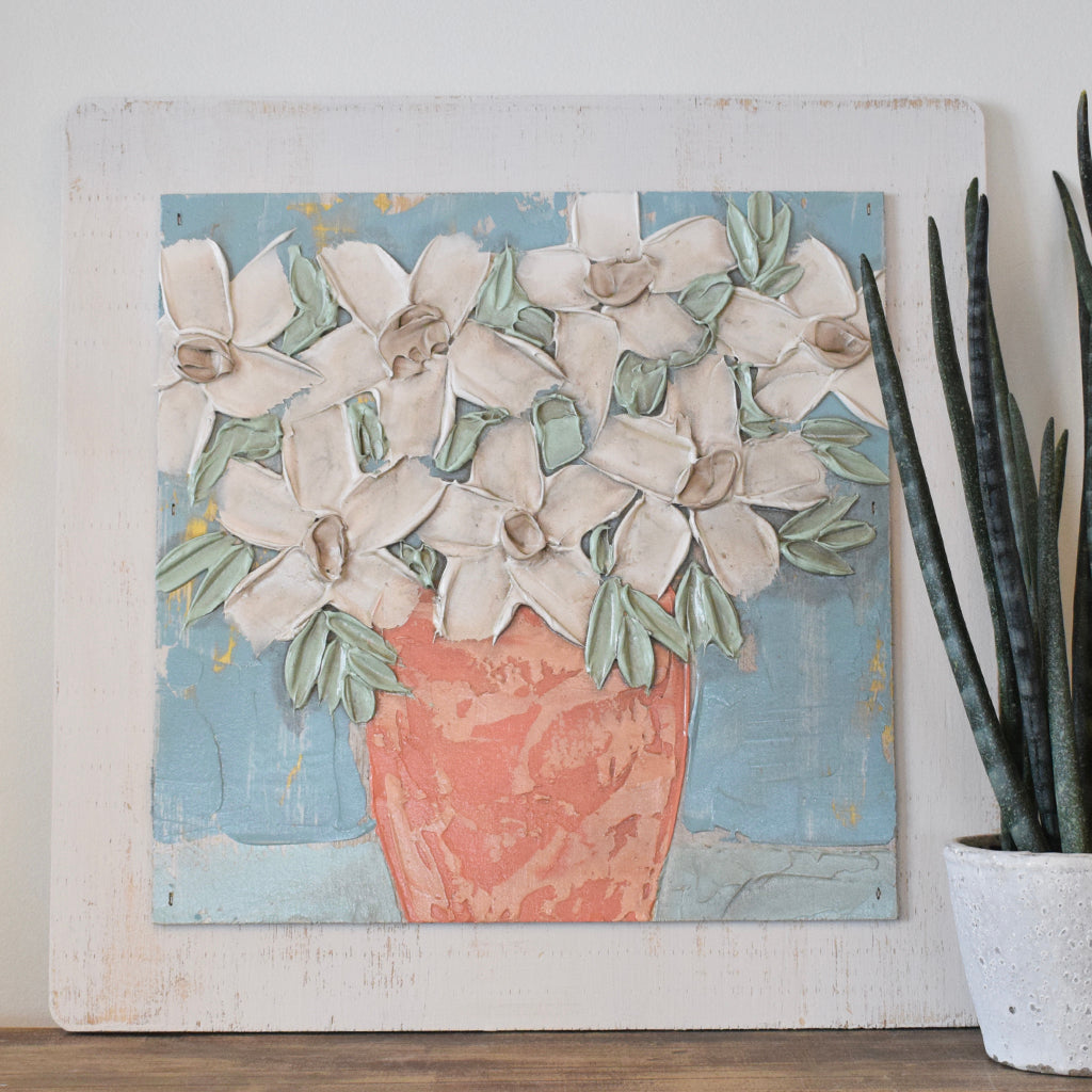 Square White Flower Coral Vase Panel - TheMississippiGiftCompany.com