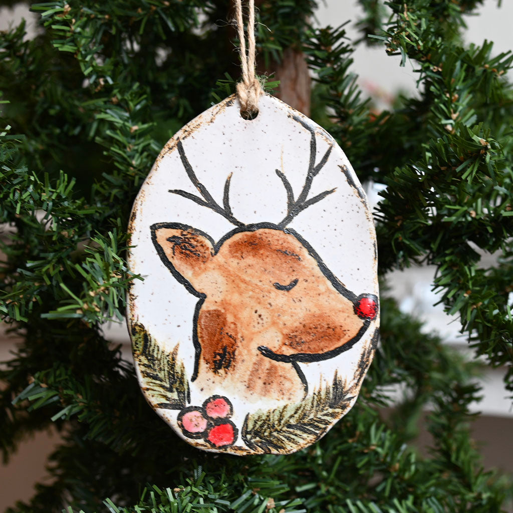 Jolly Reindeer Pottery Ornament - TheMississippiGiftCompany.com