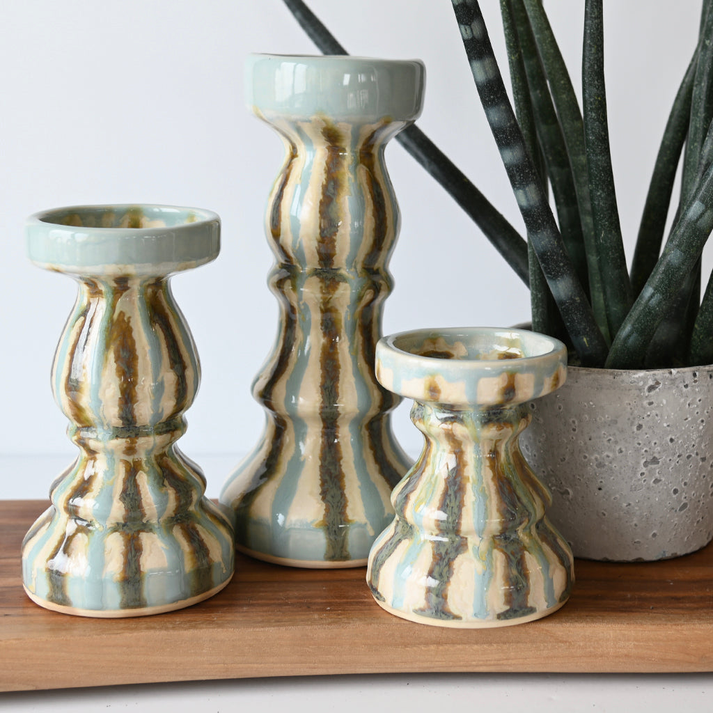 Good Earth Pottery Candlesticks Teal