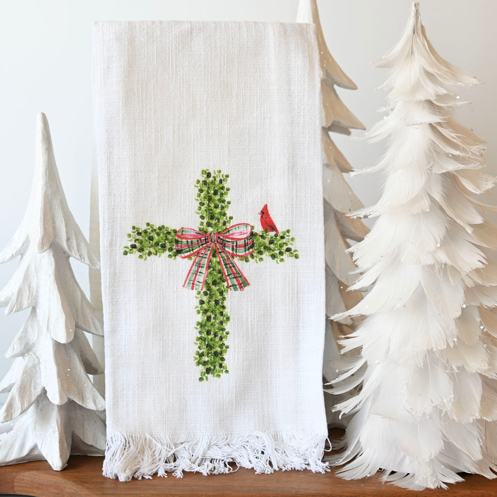GG Boxwood Cross with Cardinal Hand Towel - TheMississippiGiftCompany.com