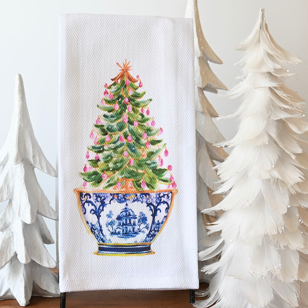 GG Christmas Tree in Blue Bowl Hand Towel - TheMississippiGiftCompany.com