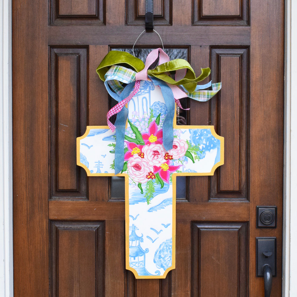 Blue Chinoiserie Cross Door Hanger - TheMississippiGiftCompany.com