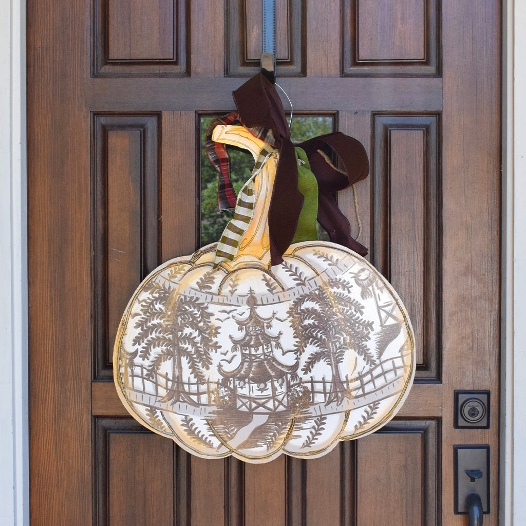 Brown Toile Pumpkin Door Hanger - TheMississippiGiftCompany.com