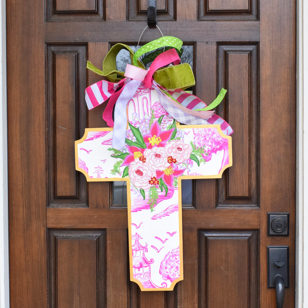 Pink Chinoiserie Cross Door Hanger - TheMississippiGiftCompany.com