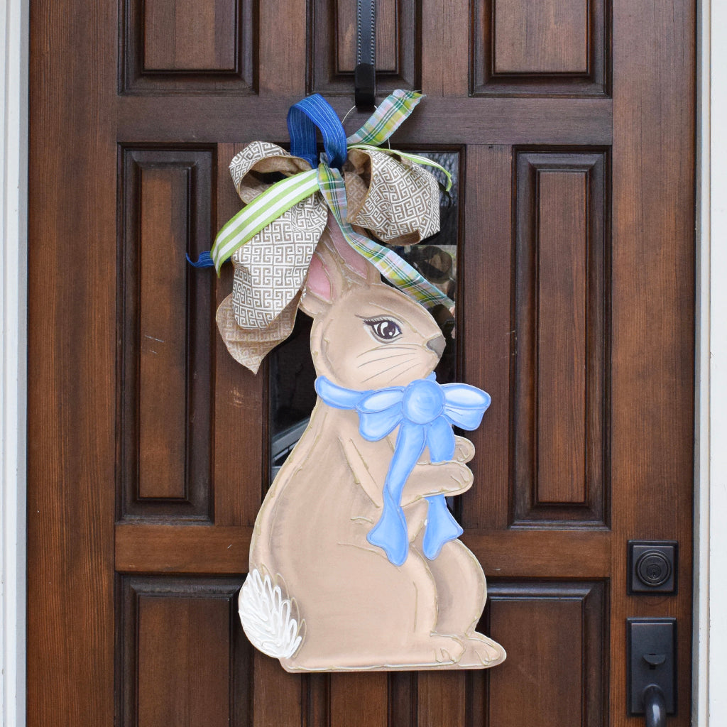 Standing Bunny With Blue Bow Door Hanger - TheMississippiGiftCompany.com