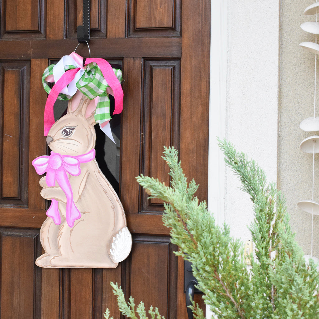 Standing Bunny With Pink Bow Door Hanger - TheMississippiGiftCompany.com