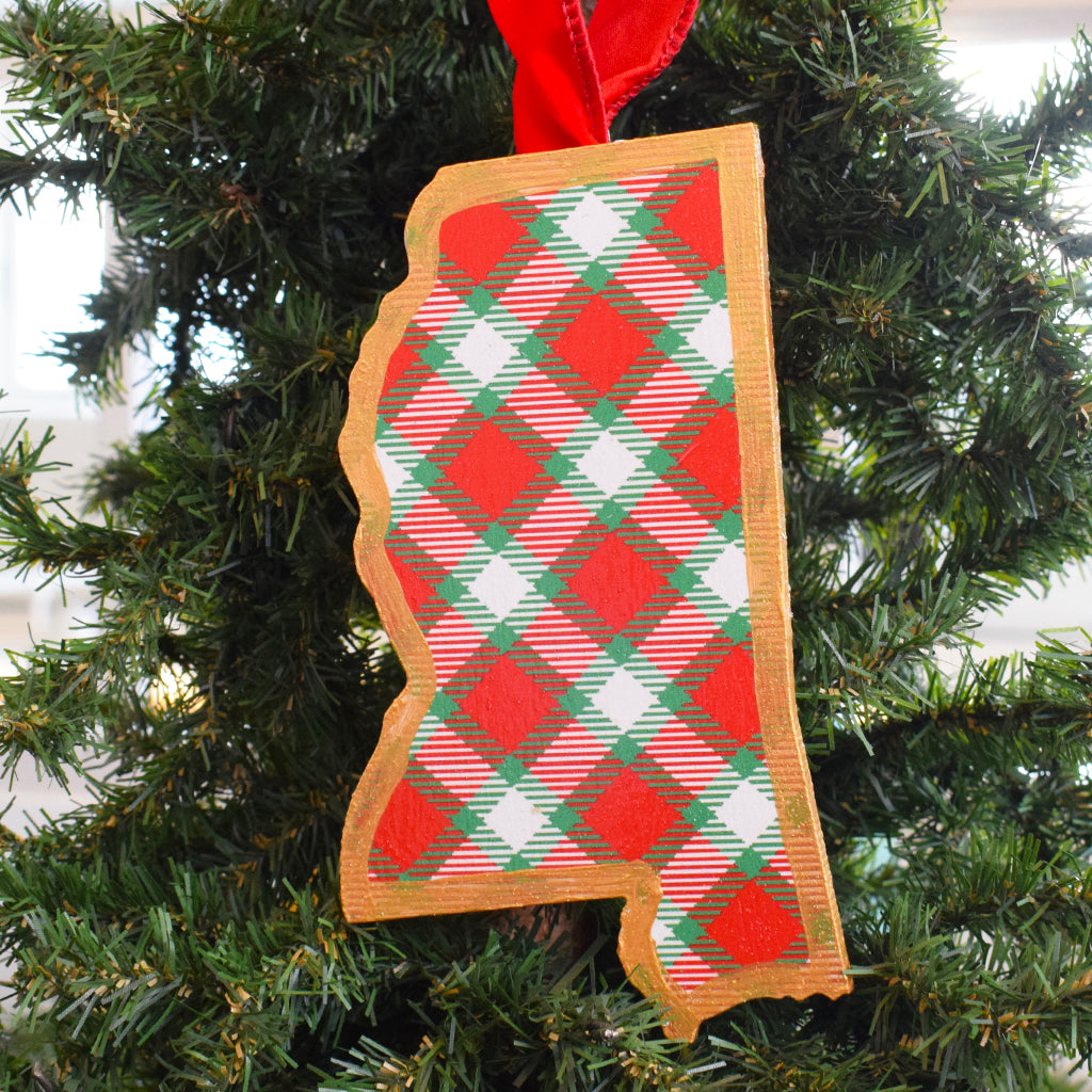 Wooden Mississippi Ornament- Red and Green Plaid - TheMississippiGiftCompany.com