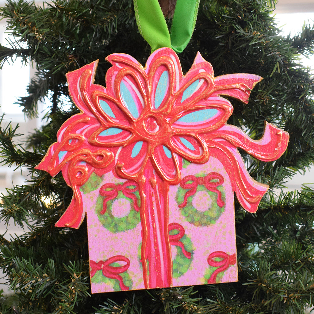 Wooden Pink Christmas Gift Ornament - TheMississippiGiftCompany.com