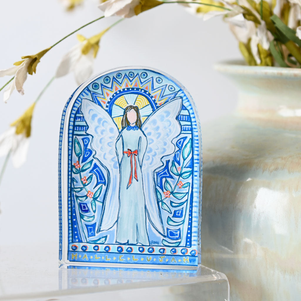 Lauren Dunn Blue Stained Glass Angel Acrylic Block - TheMississippiGiftCompany.com