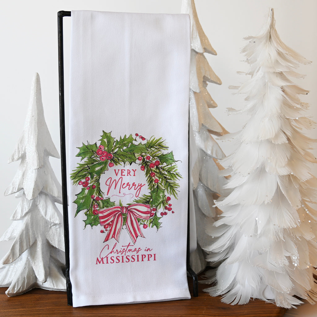Christmas in Mississippi Wreath Hand Towel - TheMississippiGiftCompany.com