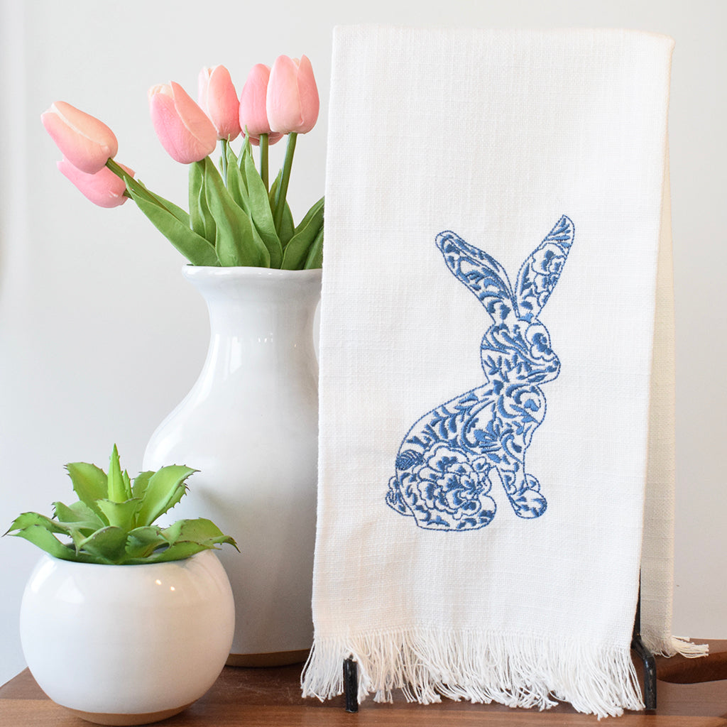Bunny Floral Kitchen Towel Blue - TheMississippiGiftCompany.com