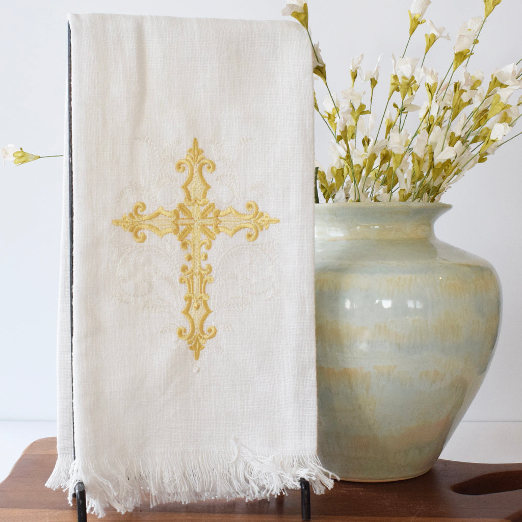 Gold and White Cross Kitchen Towel - TheMississippiGiftCompany.com