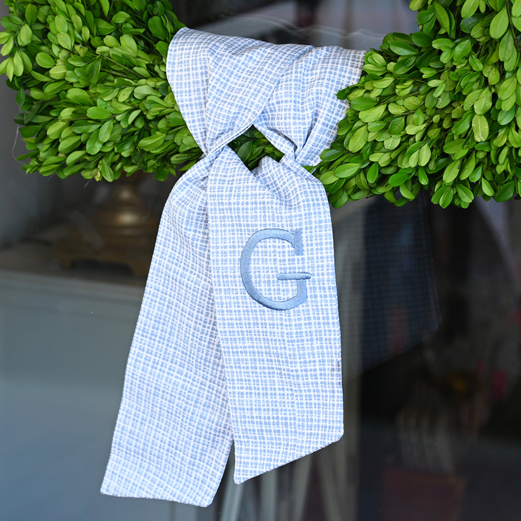 Blue Initial Wreath Sash | Mississippi made product handcrafted by local artisans. Blue Initial Wreath Sash | Mississippi made product handcrafted by local artisans.