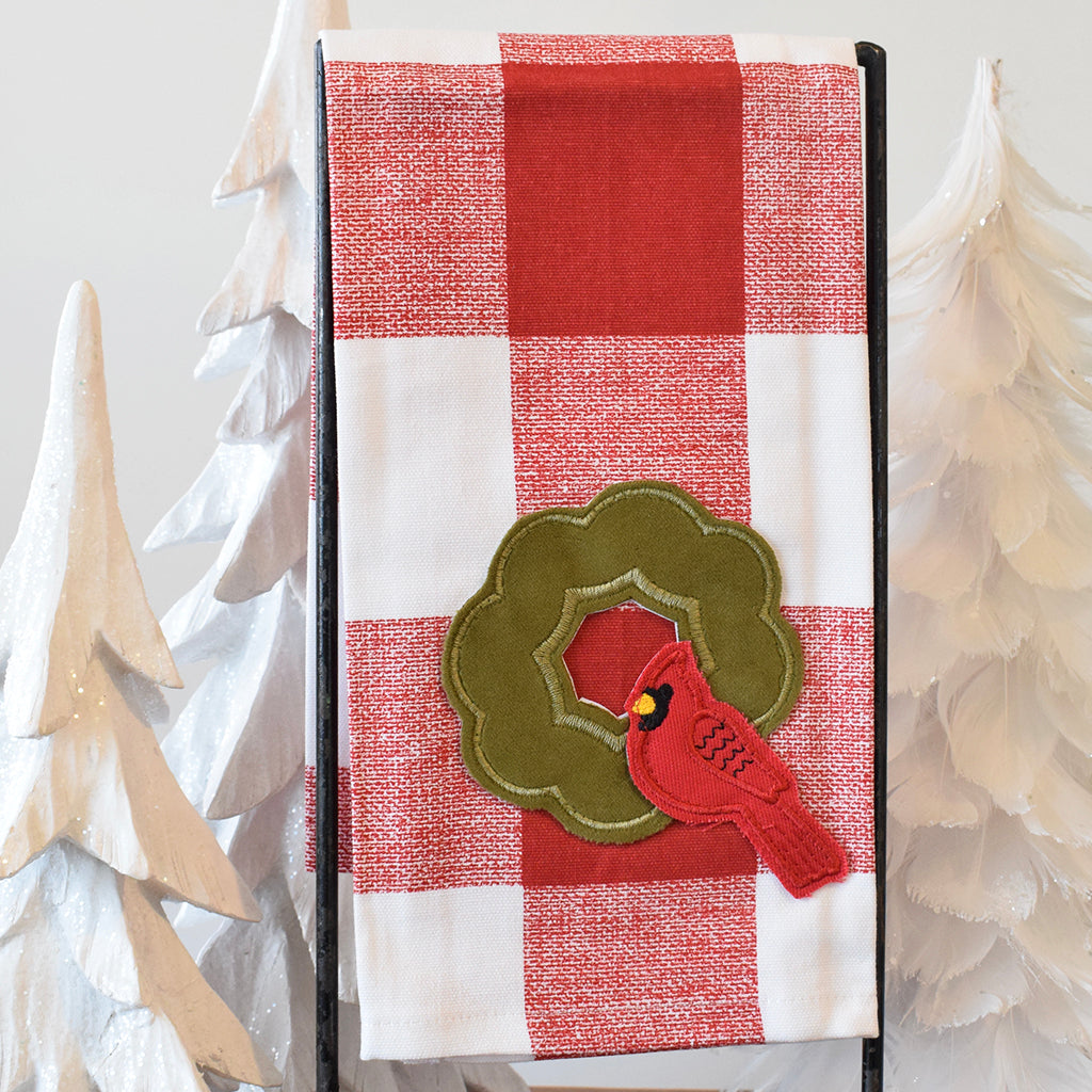 Velvet Wreath with Cardinal Kitchen Towel - TheMississippiGiftCompany.com