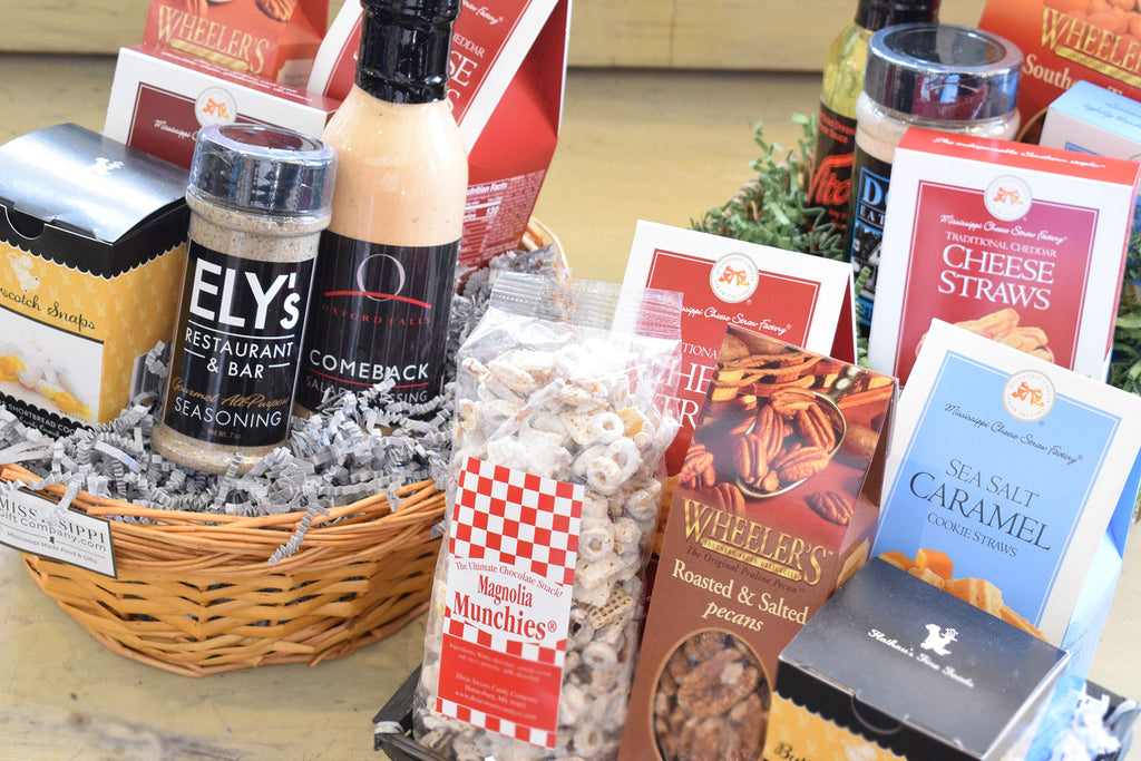 image of Mississippi food gift baskets filled with gourmet foods made in Mississippi. 