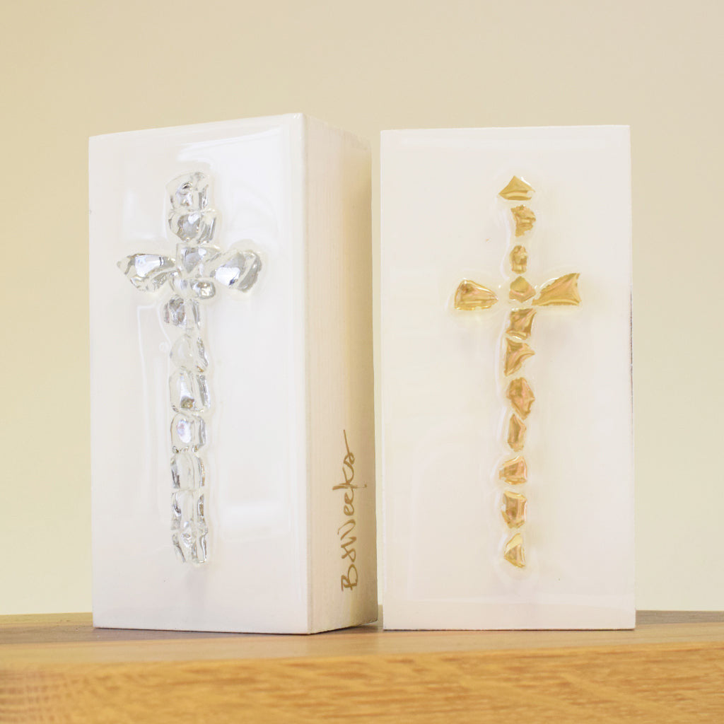 BJ Weeks Mini Glass Cross on Wood-Silver - TheMississippiGiftCompany.com