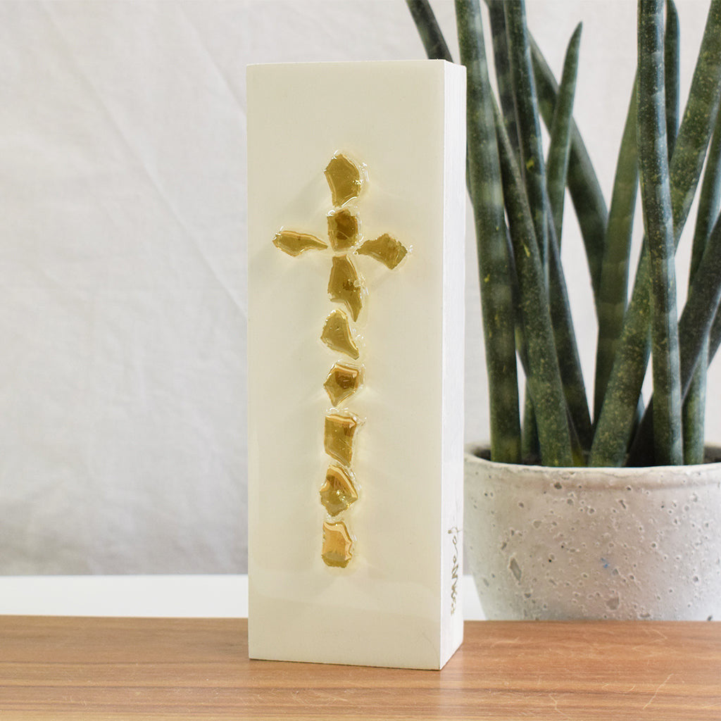 BJ Weeks Glass Cross on Wood-Gold - TheMississippiGiftCompany.com