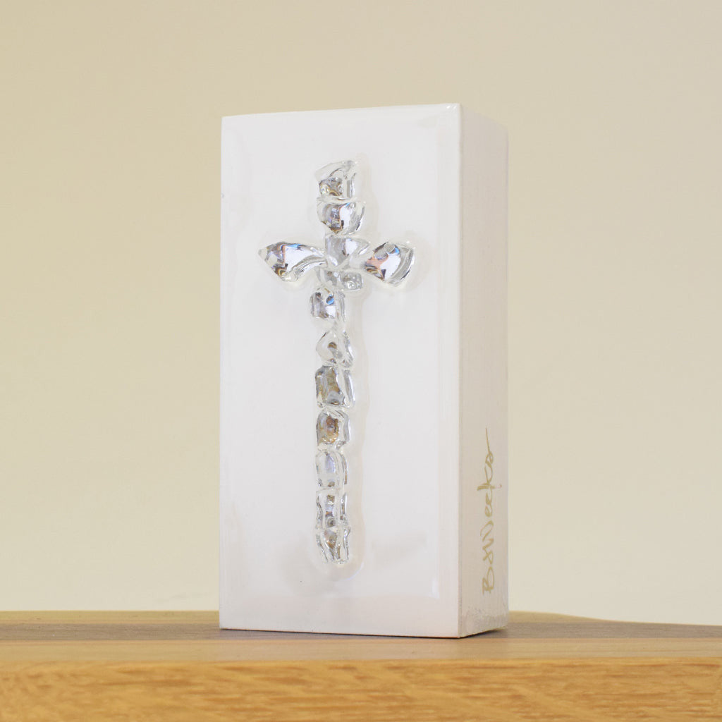 BJ Weeks Mini Glass Cross on Wood-Silver - TheMississippiGiftCompany.com