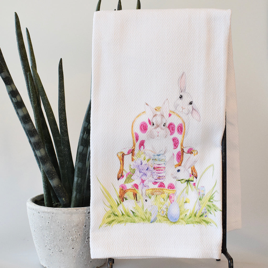 Pink Dot Chair with Bunnies Hand Towel - TheMississippiGiftCompany.com
