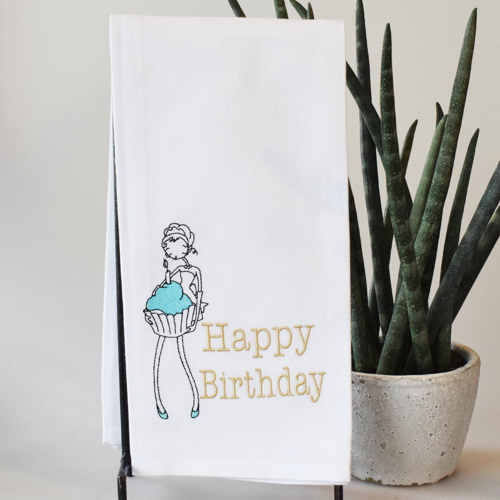 Lady with Cupcake Happy Birthday Towel - TheMississippiGiftCompany.com
