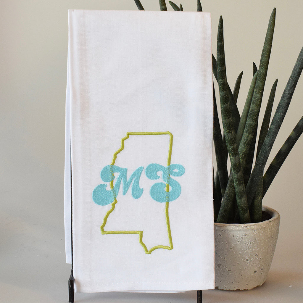 Mississippi Outline-Blue and Lime Kitchen Towel - TheMississippiGiftCompany.com