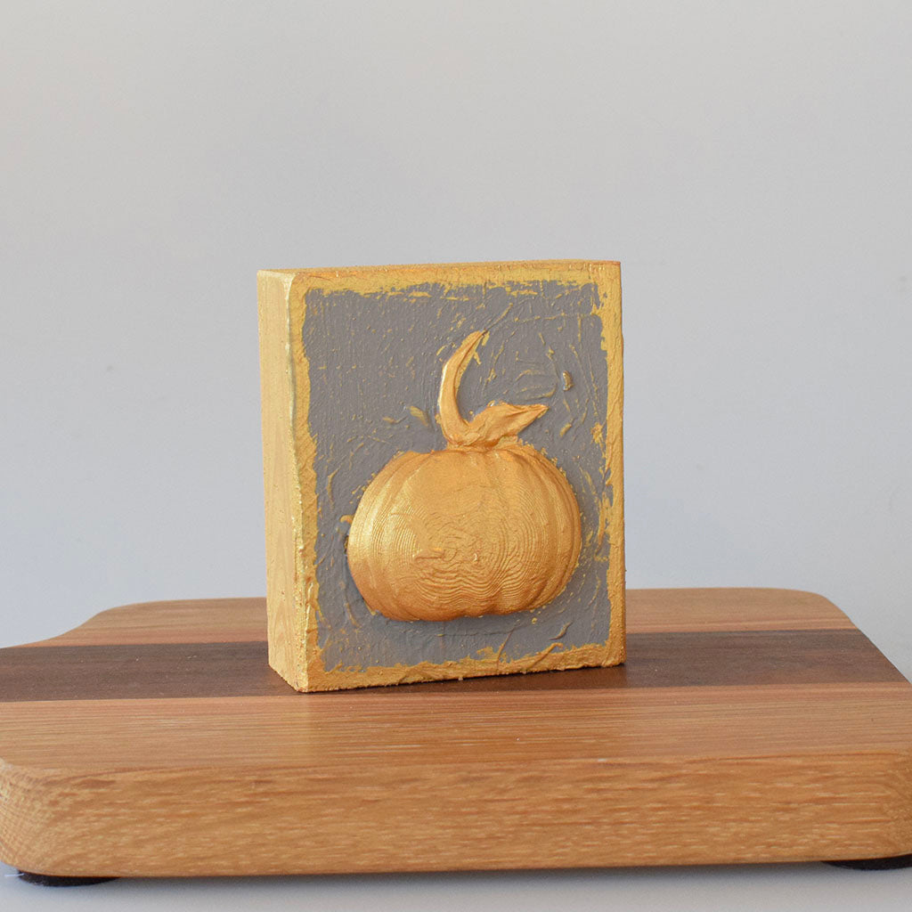 Gold Pumpkin 4x4 Wooden Block-Gray - TheMississippiGiftCompany.com