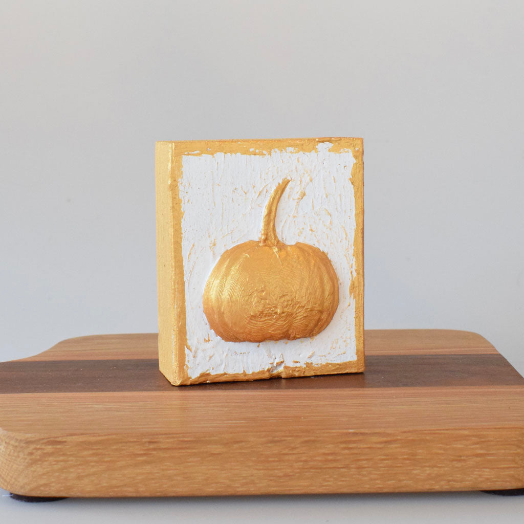 Gold Pumpkin 4x4 Wooden Block-White - TheMississippiGiftCompany.com