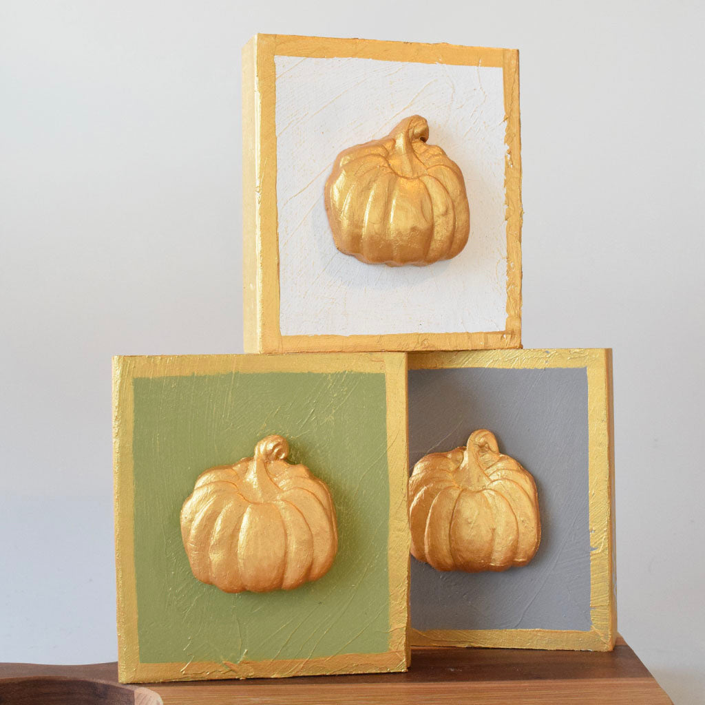 Gold Pumpkin 6x6 Wooden Block-Gray - TheMississippiGiftCompany.com