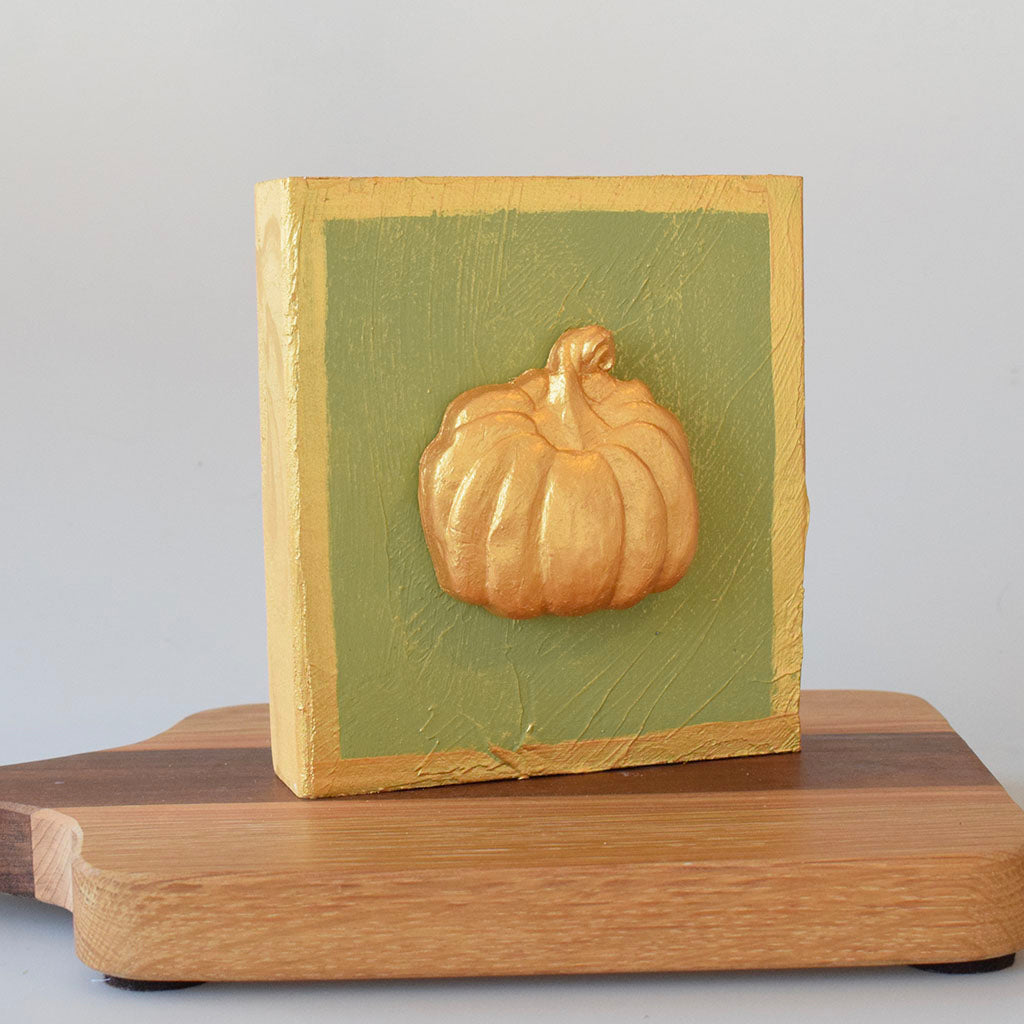 Gold Pumpkin 6x6 Wooden Block-Moss Green - TheMississippiGiftCompany.com