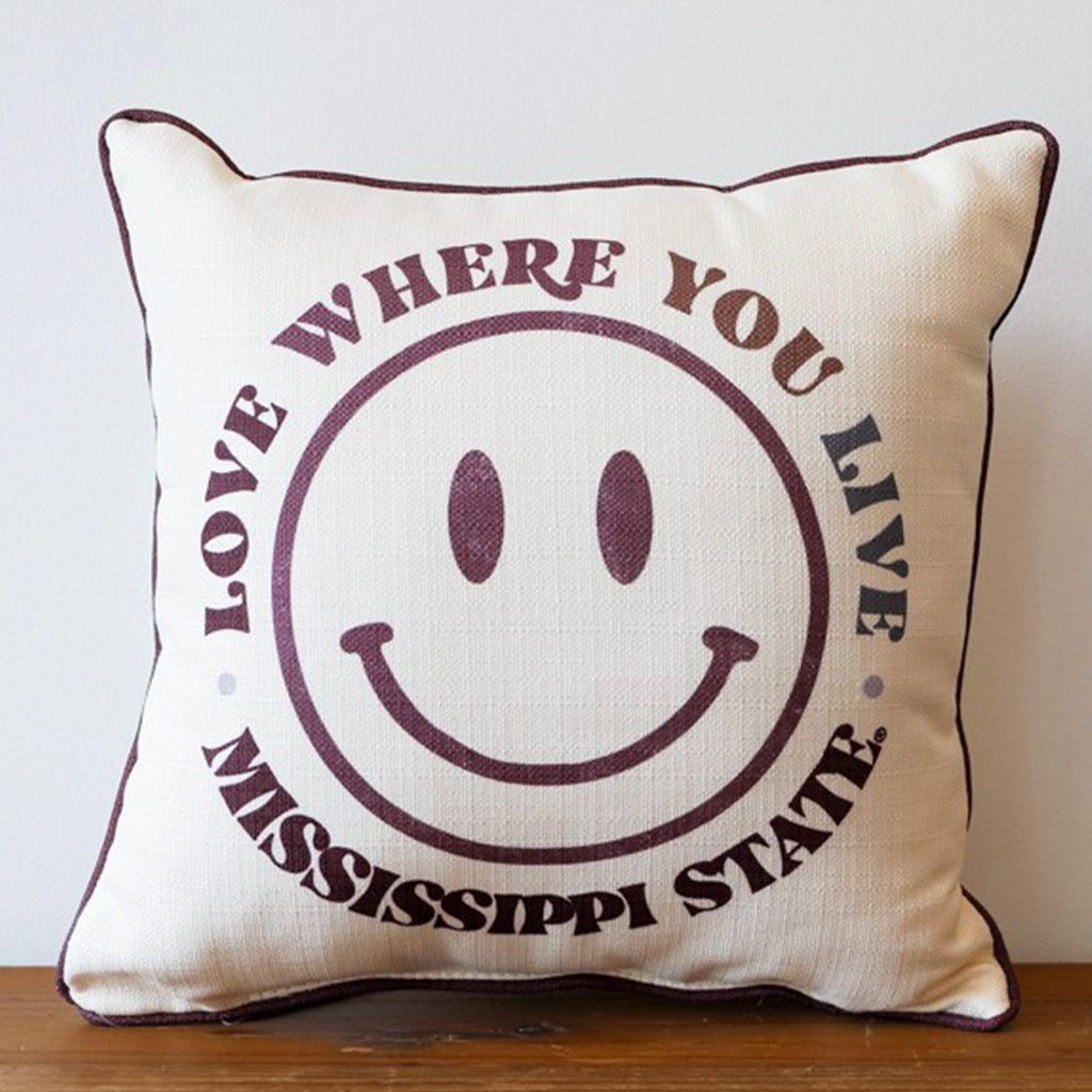 Love Where You Live Smiley MSU Square Pillow - TheMississippiGiftCompany.com