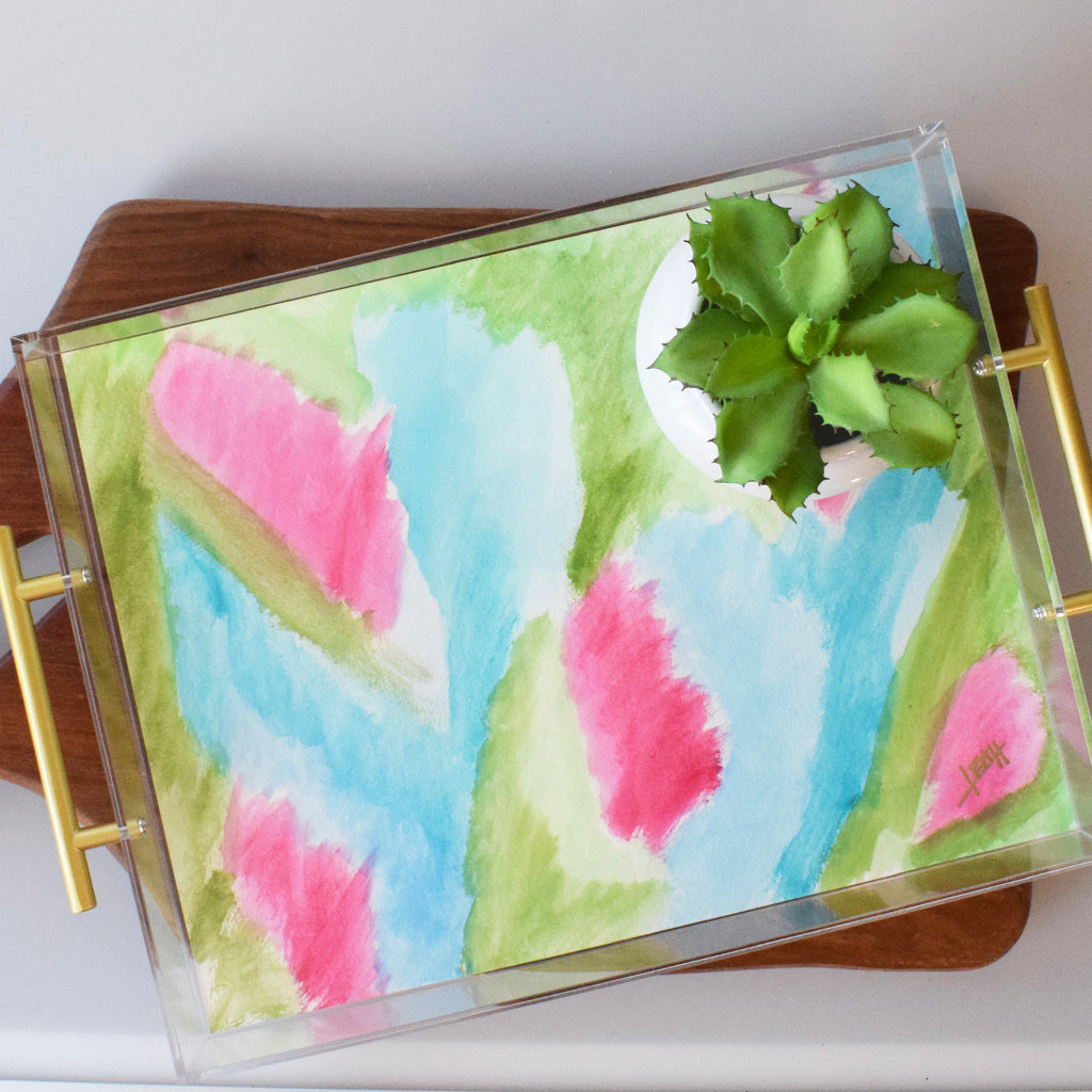 Large Acrylic Tray-  Blue, Pink and Green Watercolor - TheMississippiGiftCompany.com