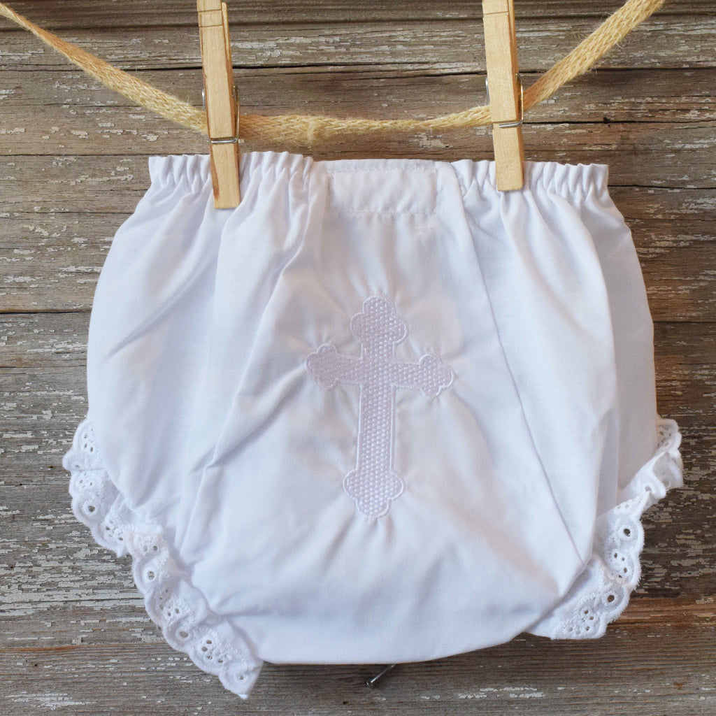 Embroidered Cross Bloomer-White - TheMississippiGiftCompany.com