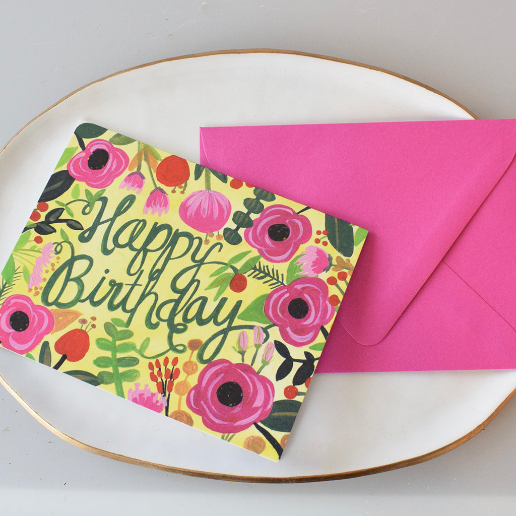 Happy Birthday Pink Floral Single Card - TheMississippiGiftCompany.com
