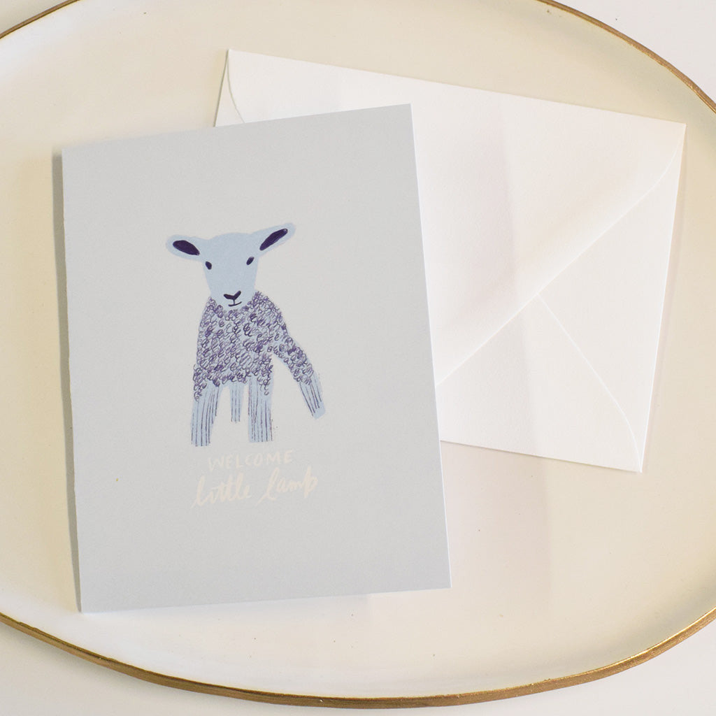 Welcome Little Lamb Single Card Blue - TheMississippiGiftCompany.com